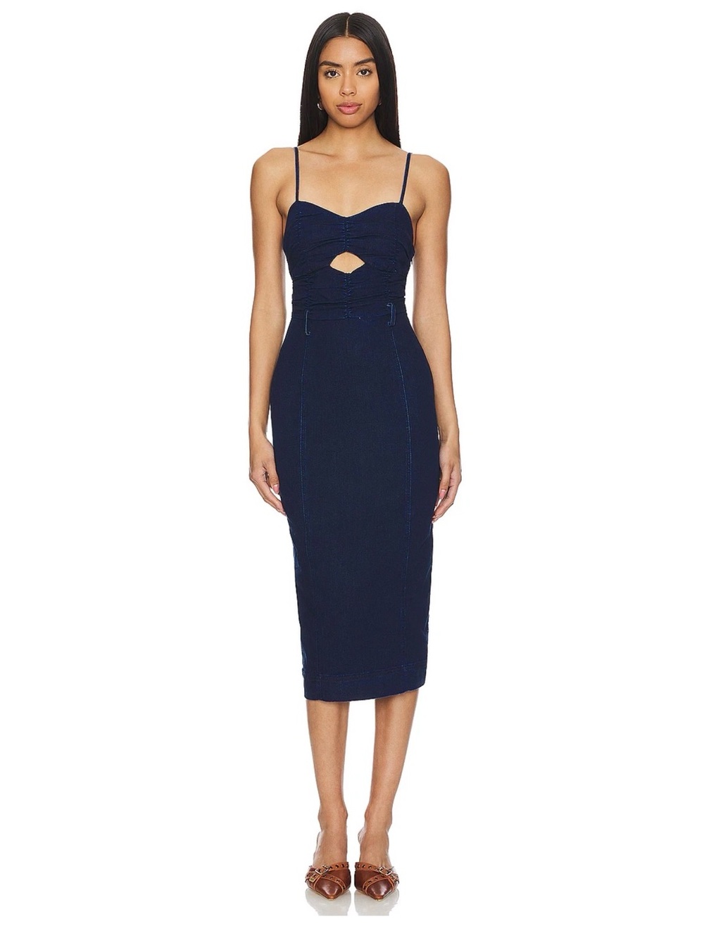 Free People Serenity Ruched Denim Midi Dress size M in Midnight
